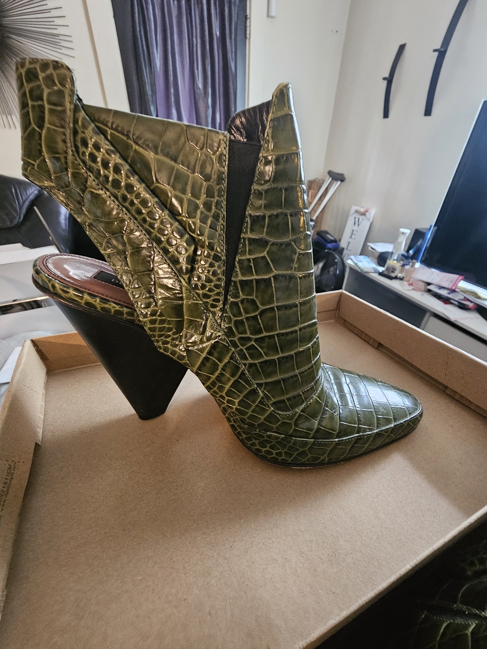 Derek Lam Olive Green Croc-Embossed Slingback Cone Heels